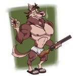 alcohol anthro armpit_hair beer beverage beverage_can black_clothing black_footwear black_shoes body_hair briefs brown_body brown_fur cigarette claws clothed clothing exposed_feet footwear fur green_background gun hat headgear headwear holding_beverage holding_object male muscular muscular_anthro muscular_male pecs pink_nose ranged_weapon sandals shoes simple_background smoking solo tan_body tan_fur tighty_whities topless underwear weapon white_briefs white_clothing white_underwear yellow_sclera zurdomon canid canine canis mammal wolf 1:1