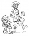 anthro clothing duo male mascot shirt simple_background tail text topwear white_background pokelai zakumi felid leopard mammal pantherine 2010 4:5 english_text greyscale monochrome sketch