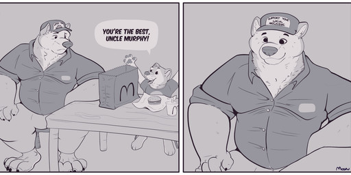 4_toes anthro barefoot big_feet biped bottomwear clothed clothing dialogue duo feet hat headgear headwear male pants paws shirt sitting smile speech_bubble text toes topwear trucker_hat young young_anthro mosin mcdonald's canid canine canis domestic_dog mammal shiba_inu spitz 2020 digital_drawing_(artwork) digital_media_(artwork) english_text greyscale hi_res monochrome