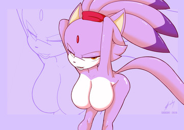 anthro big_breasts breasts female huge_breasts raised_hips small_hips smile solo skachy sega sonic_the_hedgehog_(series) blaze_the_cat domestic_cat felid feline felis mammal hi_res