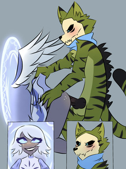 anthro black_body black_fur black_penis blue_eyes blush bodily_fluids bone bone_mask butt canon_x_oc clothed clothing clothing_lift dipstick_ears dipstick_tail dress dress_lift drooling duo ear_markings eyelashes female freckled_butt freckled_face freckles fur genitals green_body green_fur grey_background grey_body grey_hair grey_skin hair knot knotted_penis male male/female markings mask multicolored_body multicolored_ears multicolored_fur non-euclidean_sex penetration penile penile_penetration penis portal portal_sex saliva scarf sex simple_background skull skull_mask smile striped_body striped_fur stripes tail tail_markings teeth text thinking_with_portals vein veiny_penis white_hair wings elizabeth_draw hazbin_hotel hellaverse emily_(hazbin_hotel) kai_(sfox) angel angel_humanoid felid feline humanoid mammal seraph_(angel) winged_humanoid 3:4 hi_res url