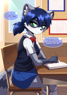 anthro blue_hair bottomwear bow_tie breasts chair clothing desk dialogue eyebrows eyelashes female fur furniture gloves_(marking) green_eyes grey_body grey_fur hair heart_symbol inner_ear_fluff markings pencil_(object) pleated_skirt ponytail school_desk school_uniform sitting skirt smile solo table tuft uniform white_body white_fur alfa995 sam_(alfa995) mammal procyonid raccoon 2026 hi_res