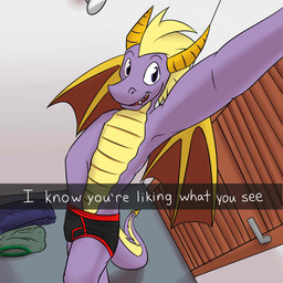 anthro anthrofied black_clothing black_underwear blonde_hair briefs bulge camera_view clothed clothing colored_seam_underwear discarded_clothing fitting_room hair high-angle_view horn looking_at_viewer male membrane_(anatomy) membranous_wings open_mouth purple_body purple_eyes purple_scales red_seam_underwear scales selfie solo tail text topless underwear wings fuze activision european_mythology mythology snapchat spyro_the_dragon spyro dragon mythological_creature mythological_scalie scalie western_dragon 1:1 english_text hi_res