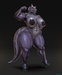 5:6 abelisaurid abs absurd_res anthro areola biceps big_breasts black_areola black_nipples breasts carnotaurus clothing collar collar_only curvy_figure dinosaur facial_piercing female flexing footwear furgonomics furry-specific_piercing genitals glistening glistening_body glistening_breasts glistening_thighs hi_res high_heels horn huge_breasts huge_thighs jacqueline_crowlie_(feldspartan) mr_dark_and muscular muscular_female nipple_piercing nipple_ring nipples non-mammal_breasts non-mammal_nipples nude piercing prehistoric_species purple_body purple_scales pussy reptile ring_piercing scales scalie shoes solo spiked_collar spikes standing stripes theropod thick_thighs voluptuous wide_hips