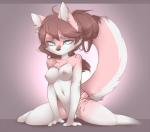 anthro areola big_tail biped blue_eyes breasts brown_hair brown_markings chest_tuft ear_piercing female fluffy fluffy_tail fur gauged_ear hair markings multicolored_body multicolored_fur navel nipples nude piercing pink_body pink_fur pose purple_background simple_background sitting solo tail tuft two_tone_body two_tone_fur white_body white_fur here-kitty-kitty domestic_cat felid feline felis mammal 2015 digital_media_(artwork) shaded