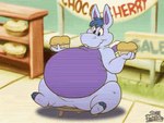 anthro banner belly big_belly bloated blue_hair bouncing_belly breaking buckteeth chair dessert eating female food fur furniture hair huge_belly hyper hyper_belly nude obese obese_anthro obese_female overweight overweight_anthro overweight_female pastry pie purple_body sign sitting solo stool surprised_expression teeth text weight_gain wings scott_calico disney the_wuzzles hoppopotamus_(the_wuzzles) common_hippopotamus hippopotamid hybrid lagomorph leporid mammal rabbit 2023 4:3 animated short_playtime signature