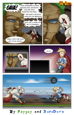 angry breaking_the_fourth_wall dialogue female humor imminent_death looking_at_viewer male melee_weapon not_furry sword text weapon crikeydave god_of_war sony_corporation sony_interactive_entertainment kratos deity gaia human mammal comic english_text hi_res source_request unavailable_at_source