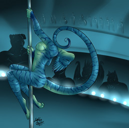 anthro audience breasts claws dancing eyes_closed female group looking_at_viewer nipples non-mammal_breasts nude nude_in_front_of_audience pole pole_dancing solo_focus strip_club stripper stripper_pole leetah43 lizard reptile scalie 2014 hi_res