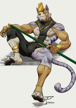 anthro bulge clothed clothing jewelry male muscular muscular_anthro muscular_male pole solo staff wand tsbellatre wayra domestic_cat felid feline felis mammal 2019 hi_res