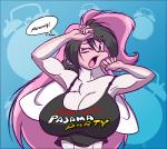 anthro big_breasts big_ears black_hair breasts cleavage clothed clothing female floppy_ears fur green_eyes hair huge_breasts long_ears long_hair multicolored_body multicolored_fur multicolored_hair muscular muscular_anthro muscular_female off_shoulder one_eye_closed open_mouth pink_body pink_fur pink_hair shirt solo topwear two_tone_body two_tone_fur two_tone_hair white_body white_fur yawn mastergodai mramp rascals reiko_usagi lagomorph leporid mammal rabbit