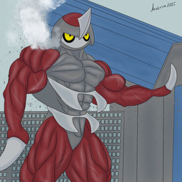 anthro big_muscles city holding_building holding_object huge_muscles macro male muscular muscular_male solo vein veiny_muscles mrgarchomp nintendo pokemon generation_5_pokemon humanoid pawniard pokemon_(species) 1:1 hi_res
