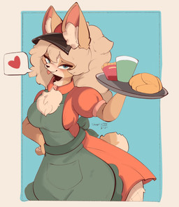 anthro apron blep blue_background breasts clothed clothing female food fully_clothed fur heart_symbol holding_food holding_object inner_ear_fluff looking_at_viewer simple_background tan_body tan_fur tongue tongue_out tuft conditional_dnp tohupo lagomorph leporid mammal rabbit 2024 absurd_res dated digital_media_(artwork) hi_res signature