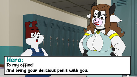 2_horns adult_on_young age_difference anthro armlet big_breasts black_body black_collar black_eyes black_fur black_horn black_nose blue_clothing blue_dress breasts brown_body brown_ears brown_fur brown_hair cleavage clothed clothing collar dress duo exclamation_point female fur gameplay_mechanics hair hand_on_hip hand_on_own_hip hands_on_hips hands_on_own_hips horn huge_breasts inside locker looking_at_another male male/female multicolored_body multicolored_fur pink_nose pose school size_difference standing surprised tail teeth text text_box tongue two_tone_body two_tone_fur white_body white_ears white_fur white_tail yellow_armlet young young_anthro young_male charliepops charlie_(charliepops) bovid bovine canid canine canis cattle domestic_dog mammal 2026 digital_media_(artwork) english_text