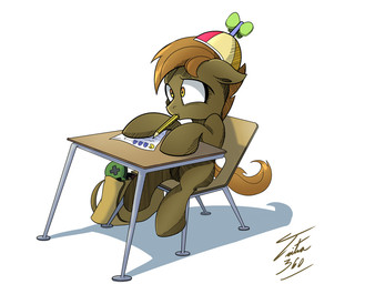 amber_eyes bag beanie brown_hair chair clothing desk furniture hair hat headgear headwear male nervous paper pencil_(object) simple_background sitting solo table white_background tsitra360 bandai_namco friendship_is_magic hasbro my_little_pony pac-man_(series) button_mash_(mlp) pac-man earth_pony equid equine ghost horse mammal pony spirit 2013 crossover