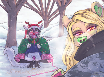 anthro antler_headband balls bdsm black_hair blonde_hair blush bodily_fluids bottomwear breath chastity_cage chastity_device christmas_clothing christmas_headwear clothed clothing clothing_lift collar crossdressing crouching duo female fur genital_fluids genitals green_inner_ear green_nose hair hat headgear headwear holidays leash leashed_collar legwear long_hair looking_at_viewer male outdoor_background outdoor_nudity outside peeing_outside petplay pink_chastity_cage plant puppyplay red_eyes roleplay santa_hat shaking skirt skirt_lift snow snowing solid_chastity_cage sweater tan_body tan_fur text thigh_highs topwear tree upside_down_text urine urine_on_ground wearing_chastity_cage wearing_chastity_device wearing_collar white_body white_fur yellow_eyes sonne christmas arctic_wolf bear canid canine canis mammal ursine wolf digital_drawing_(artwork) digital_media_(artwork) english_description english_text hi_res