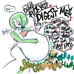 3_fingers abdominal_bulge ambiguous_gender ambiguous_humanoid ambiguous_pred ambiguous_prey begging_to_die belly big_belly burping chest_spike clothing digestion digestion_implied digestion_noises dress enthusiastic enthusiastic_consent female fingers green_body green_hair gurgle_(sound_effect) hair heart_symbol huge_belly humanoid_pred hyper hyper_belly implied_fatal multicolored_body pokemon_speak profanity pseudo_clothing pseudo_hair red_eyes rumbling_stomach shake_lines solo spikes spikes_(anatomy) talking_to_pred text vore white_body willing_prey meekbot nintendo pokemon gardevoir generation_3_pokemon humanoid pokemon_(species) 1:1 2026 digital_drawing_(artwork) digital_media_(artwork) english_text