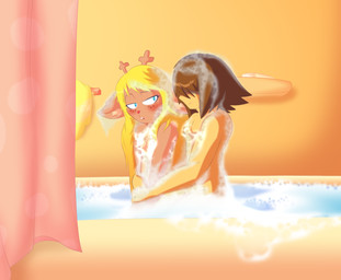 5_fingers anthro antlers aroused bath bathtub blonde_hair blue_eyes blush breasts brown_hair bubble_bath buckteeth convenient_censorship covered_eyes detailed_background duo female female_anthro fingering fingering_partner fingers freckles hair half-closed_eyes horn hug hugging_another hugging_from_behind human_on_anthro inside interspecies long_hair male male/female male_anthro narrowed_eyes nude nude_anthro nude_female nude_male obscured_penetration red_nose sex shower_curtain small_breasts smile soap soap_bubbles teeth towel vaginal vaginal_fingering wet wet_hair bingbingo deltarune undertale_(series) kris_dreemurr noelle_holiday deer human mammal absurd_res digital_media_(artwork) hi_res shaded simple_shading warm_colors