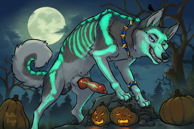 animal_genitalia animal_penis baculum balls bone canine_genitalia canine_penis collar erection feral food fruit genitals heterochromia holidays jack-o'-lantern knot knotted_penis looking_at_viewer male moon penis plant pumpkin quadruped sheath skeleton_bodypaint smile solo spiked_collar spikes toothy_grin hakudoge halloween anvil_(hakudoge) ambient_bird canid canine canis domestic_dog husky mammal nordic_sled_dog spitz 3:2 hi_res