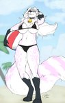 anthro areola ball beach beach_ball big_tail bikini black_bikini black_clothing black_swimwear blue_eyes breasts clothing collar cowbell female fur hair inflatable looking_up markings nipple_outline outside pink_body pink_fur pink_markings seaside smile solo standing swimwear tail two-piece_swimsuit white_body white_hair blokfort cerine_(vulpinehero) felid mammal pantherine snow_leopard 2023 hi_res