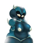 armor belly big_breasts blush breasts female glowing glowing_eyes hand_on_breast horn looking_at_viewer nipples not_furry overweight overweight_female overweight_humanoid pubic_mound simple_background solo thick_thighs wide_hips cybiscus usb_(cybiscus) goo_creature humanoid digital_media_(artwork) hi_res