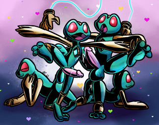 3_toes all_fours anklet anthro anthro_on_anthro ass_up backsack balls big_balls big_penis blue_balls blue_body bodily_fluids bracelet brown_body butt cum cum_from_ass cum_in_ass cum_inside cum_on_balls disembodied_hand erection eyes_closed feet genital_fluids genitals glans group humanoid_genitalia humanoid_penis jewelry male male/male metallic_body nude on_one_leg penis pink_glans pink_penis red_sclera smile standing tan_body toes white_eyes ultilix duel_masters keroyon_quartet amphibian frog 2024 hi_res