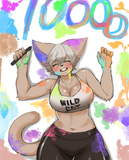 anthro bottomwear breasts cleavage clothed clothing eyes_closed female grey_hair hair navel paint pants shirt solo tail tank_top text text_on_clothing text_on_shirt text_on_tank_top text_on_topwear thin_tail topwear sleepiness18 domestic_cat felid feline felis mammal hi_res