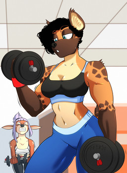 anthro bangs black_hair blue_hair bodily_fluids bra brown_body brown_fur clothing curly_hair dumbbell duo ear_tuft female female/female fur fur_markings grey_eyes gym hair leggings legwear markings muscular muscular_female sports_bra sportswear strong_female sweat sweatband tuft underwear weights masikadraws be_(masikadraws) moka_(masikadraws) deer hyena mammal spotted_hyena hi_res