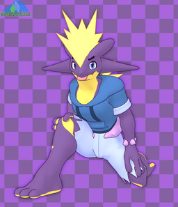 anthro blonde_hair blue_bottomwear blue_clothing blue_eyes blue_pants blue_sweater blue_topwear bottomwear checkboard_pattern clothing hair hand_on_knee hand_on_leg hand_on_thigh kneeling looking_at_viewer male pants ponytail purple_body purple_skin simple_background smile smiling_at_viewer solo sweater tongue tongue_out topwear yellow_body yellow_skin albalbalb nepptenio_(copyright) nintendo pokemon pokemon_bouclafoutis fugo_(bouclafoutis) amped_toxtricity generation_8_pokemon pokemon_(species) toxtricity 2025 3d_(artwork) digital_media_(artwork) hi_res watermark