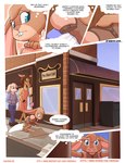 anthro blue_eyes brown_body brown_clothing brown_fur cafe clothed clothing costume diaper female fur green_eyes group handbag inner_monologue inside male outside running street text thinking trio wearing_diaper white_body white_fur paddedulf antelope bovid canid canine canis domestic_dog lagomorph leporid mammal rabbit comic english_text
