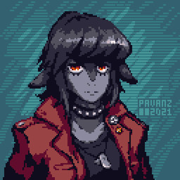 ambiguous_gender anthro badge bangs black_hair choker clothing coat collar dog_tags drooped_ears eyeliner female front_view fur grey_body grey_fur hair jewelry looking_at_viewer makeup necklace neutral_expression orange_eyes pattern_background pointy_ears shirt short_hair simple_background solo spiked_choker spiked_collar spikes topwear pavanz unnamed_character ambiguous_species bovid caprine mammal 1:1 2021 digital_media_(artwork) low_res pixel_(artwork) watermark