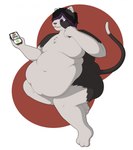 3_toes 5_fingers anthro belly bent_arm bent_legs big_belly black_hair brown_body brown_fur brown_tail cellphone chest_tuft closed_smile dipstick_tail electronics feet fingers fur hair hair_over_eye highlights_(coloring) holding_cellphone holding_object holding_phone long_tail looking_at_cellphone looking_at_object looking_at_phone male markings moobs mouth_closed multicolored_body multicolored_fur navel nude_anthro nude_male obese obese_anthro obese_male overweight overweight_anthro overweight_male paws phone purple_eyes purple_highlights red_nose short_hair simple_background sitting smile solo tail tail_markings text thick_thighs toes tuft two_tone_body two_tone_fur two_tone_tail white_background white_body white_fur white_tail_tip theannoyingnpc sam_nekoboi domestic_cat felid feline felis mammal 2021 colored digital_drawing_(artwork) digital_media_(artwork) english_text hi_res shaded simple_shading