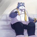 anthro belly black_nose bottomwear clothed clothing furniture kemono male necktie open_clothing open_shirt open_topwear overweight overweight_anthro overweight_male pants shirt sitting sofa solo topwear emufu bear mammal 1:1 2014