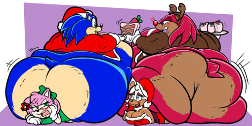 annoyed anthro aroused back_wings belly big_butt blue_body blue_butt blue_eyes blue_fur blush brown_body brown_butt brown_fur butt cake christmas_clothing christmas_headwear clothed clothed_anthro clothed_female clothing dessert dreadlocks dress eyelashes female food fully_clothed fully_clothed_anthro fully_clothed_female fur gloves green_bow green_clothing green_dress green_eyes group handwear hat headgear headwear holidays huge_butt immobile lipstick makeup male male/female morbidly_obese morbidly_obese_anthro morbidly_obese_male multicolored_body multicolored_fur obese obese_anthro obese_male overweight overweight_anthro overweight_male partially_clothed_anthro partially_clothed_male pink_body pink_fur quills_(anatomy) red_body red_butt red_fur red_nose reindeer_antlers reindeer_costume santa_hat sitting sitting_on_another tan_arms tan_belly tan_butt white_clothing white_gloves white_handwear wings floofyboyetime christmas sega sonic_the_hedgehog_(series) amy_rose knuckles_the_echidna rouge_the_bat sonic_the_hedgehog bat echidna eulipotyphlan hedgehog mammal monotreme 2022 colored comic hi_res
