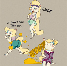 bathrobe bite biting_lip bottomwear butt clothing disgust fart fart_fetish female female_farting robe shorts solo sound_effects text gassipons animaniacs warner_brothers minerva_mink mammal mink mustelid musteline true_musteline english_text hi_res