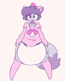 anthro big_diaper big_pacifier big_tail bottomwear bow_(feature) clean_diaper clothed clothing collar diaper dipstick_tail eyelashes female fluffy fluffy_hair fluffy_tail hair heart_symbol hoodie markings pacifier pacifier_necklace pink_clothing simple_background solo standing tail tail_markings thick_thighs topwear underwear wearing_diaper white_background mirlywirl rosy_(dummydoodles) domestic_cat felid feline felis mammal
