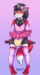 anthro blush blush_lines bodily_fluids bottomwear bow_ribbon bow_tie clothed clothing collar diaper diaper_use embarrassed femboy frilly frilly_clothing genital_fluids legwear looking_at_viewer male peeing skirt solo stockings urine wearing_diaper wetting omopaws canid canine fox mammal hi_res