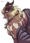 anthro blonde_hair brown_body chain clothing hair horn looking_back male muscular muscular_anthro muscular_male nipples pecs red_eyes simple_background solo undressing white_background yu_chi_i lifewonders tokyo_afterschool_summoners azazel_(tas) bovid caprine goat mammal