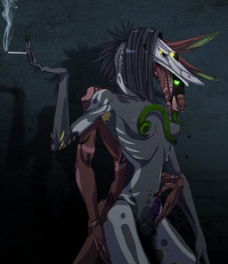 ambiguous_gender animal_genitalia big_ears breasts cigarette claws curvy_figure dark duo erection genitals glowing glowing_eyes green_eyes gynomorph hourglass_figure intersex livid92 long_tongue markings nipples non-mammal_breasts non-mammal_nipples penis purple_penis sheath slim small_waist smoking spots stripes tongue yellow_eyes unknown_artist scalie unknown_species