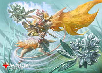 action_pose ambiguous_gender anthro armor barefoot brown_body brown_fur cape claws clothing feet flower fur grass headgear helmet holding_object leaf_clothing plant pose solo standing tail white_body white_fur yellow_cape yellow_clothing josiahcameron hasbro magic:_the_gathering wizards_of_the_coast mammal mouse murid murine rodent 2024 hi_res official_art