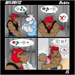 1:1 angry anthro apron bars bear biceps blush body_hair chest_hair clothing comic dialogue duo facial_hair felid fire frostbite_(rubberbuns) fur lion male mammal muscular muscular_male pantherine pecs pictographics polar_bear prison rubberbuns ursine white_body white_fur wildfire_(rubberbuns)