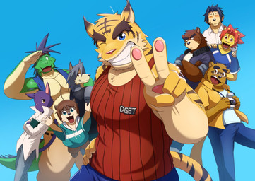 amber_eyes anthro bangs black_clothing black_hair black_shirt black_tank_top black_topwear blue_background blue_bottomwear blue_clothing blue_eyes blue_hoodie blue_jacket blue_pants blue_shirt blue_t-shirt blue_topwear blue_vest book bottomwear brown_body brown_fur brown_hair camera clothing countershade_arms countershade_face countershade_snout countershade_torso countershading crossed_arms dipstick_ears ear_markings eyewear fangs fur gesture glasses green_body green_skin grey_body grey_bottomwear grey_clothing grey_fur grey_pants group hair hand_gesture hand_on_hip hands_behind_back hands_on_shoulders holding_camera holding_object hoodie jacket kemono male mane mask multicolored_ears muscular muscular_anthro muscular_male one_eye_closed open_mouth open_smile orange_eyes orange_mane pants pawpads pince-nez pink_nose pink_pawpads purple_body purple_fur purple_mane red_clothing red_shirt red_tank_top red_topwear shirt simple_background slightly_chubby slightly_chubby_anthro slightly_chubby_male smile snout striped_body striped_fur stripes t-shirt tail tail_mane tan_body tan_bottomwear tan_clothing tan_countershading tan_fur tan_pants tan_skin tank_top teeth topwear v_sign vest white_clothing white_shirt white_topwear wink yellow_body yellow_clothing yellow_eyes yellow_fur yellow_shirt yellow_topwear ry_o morenatsu mythology juuichi_mikazuki kounosuke_(morenatsu) kouya_(morenatsu) kyouji_(morenatsu) shin_(morenatsu) shun_(morenatsu) soutarou_(morenatsu) tatsuki_(morenatsu) torahiko_(morenatsu) bear bird_dog black_bear canid canine canis domestic_cat domestic_dog dragon eastern_dragon felid feline felis hunting_dog husky labrador lion mammal moon_bear mythological_creature mythological_scalie nordic_sled_dog pantherine raccoon_dog retriever scalie spitz tanuki tiger ursine wolf 2025