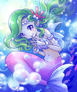 accessory air_bubble asymmetrical_hair bangle bare_shoulders blue_background bra bracelet breasts bubble clothing dorsal_fin ear_piercing ear_ring female fin fish_tail gem green_hair hair hands_together headband humanoid_pointy_ears jewelry long_hair looking_at_viewer navel not_furry pearl_(gem) piercing pointy_ears purple_eyes ring_piercing scales seashell seashell_bra shell sidelocks simple_background small_breasts smile solo split_form tail tail_fin tropical underwater underwear water mameyuka panel_de_pon neris_(panel_de_pon) anthozoan aquatic cnidarian coral fairy fish humanoid merfolk