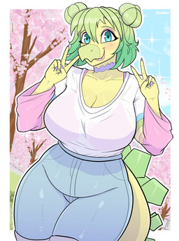 5_fingers anthro big_breasts blue_sky blush blush_lines bottomwear breasts cherry_blossom cherry_blossom_tree cherry_tree choker claws cleavage clothed clothing curvy_figure day denim denim_bottomwear denim_clothing double_bun eyelashes eyeshadow female finger_claws fingers flower fruit_tree gesture glistening glistening_body glistening_scales green_hair hair hand_gesture jeans jewelry long_sleeve_shirt long_tail looking_at_viewer makeup necklace outside pants plant prunus_(flower) purple_eyeshadow scales sky smile snout solo spiked_tail spikes spikes_(anatomy) tail teal_eyes text thick_thighs tongue tongue_out tree v_sign voluptuous voluptuous_anthro voluptuous_female wide_hipped_anthro wide_hipped_female wide_hips yellow_body yellow_scales yeik_art goodbye_volcano_high ko_op_(game_developer) stella_(gvh) dinosaur ornithischian prehistoric_species reptile scalie stegosaurian stegosaurus thyreophoran 2025 absurd_res artist_name digital_drawing_(artwork) digital_media_(artwork) hi_res watermark