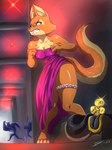 4_fingers 4_toes accessory anthro barefoot bodily_fluids breasts clenched_teeth clothed clothed_anthro clothed_female clothing dress dressing fangs feet female fingers fur garter hiding hindpaw humanoid_hands orange_body orange_fur paws pink_nose solo standing statuette sweat tail teeth toes souleatersaku90 dreamworks the_bad_guys diane_foxington canid canine fox mammal absurd_res hi_res