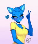 anthro blue_body blue_eyes choker clothing female glistening hair happy hearth inner_ear_fluff jewelry narrowed_eyes necklace shirt solo topwear tuft yellow_clothing olivialovesfur canid canine fox mammal portrait signature