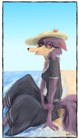 anthro beach clothed clothing eyewear female glasses hat headgear headwear looking_at_viewer seaside solo wearing_glasses mr.foxman beastars juno_(beastars) canid canine canis mammal wolf absurd_res hi_res