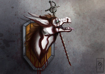 award blood bodily_fluids feral fur gore hair melee_weapon open_mouth shield simple_background solo sword tongue trophy weapon katruna94 mythology sunny_way_(character) dragon mythological_creature mythological_scalie scalie hi_res portrait