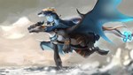 accessory anthro biped blue_body blue_skin claws flying furgonomics quadruped raining sea spray tail tail_accessory water katsuka mythology teryx katsuka_(character) teryx_commodore dragon mythological_creature mythological_scalie scalie hi_res