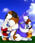 anthro black_nose bottomwear brown_body brown_fur clothing eyes_closed fur group hug hugging_another hugging_from_behind kemono loincloth male outside overweight overweight_male shirt shorts topwear white_body white_fur norataro bernese_mountain_dog canid canine canis domestic_dog human mammal molosser mountain_dog swiss_mountain_dog 2008 5:6