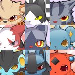 ambiguous_gender blue_eyes feral group heterochromia looking_at_viewer red_eyes red_nose red_sclera yellow_sclera okunawa nintendo pokemon arcanine canid canine canis felid feline felis generation_1_pokemon generation_3_pokemon generation_4_pokemon lucario luxray mammal mightyena pokemon_(species) poochyena shinx zangoose 1:1 2012